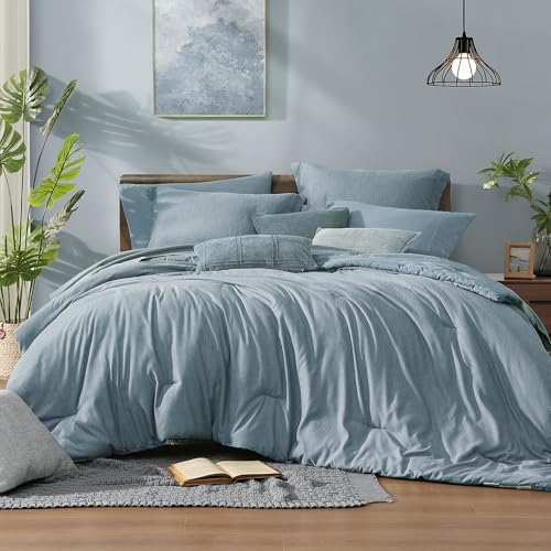 Monbix King Comforter Set 7 Pieces Dusty Blue Cationic Dyeing Bed in a Bag - Lightweight Reversible All Season Bedding Sets with Comforter, Sheets, Pillowcases & Shams