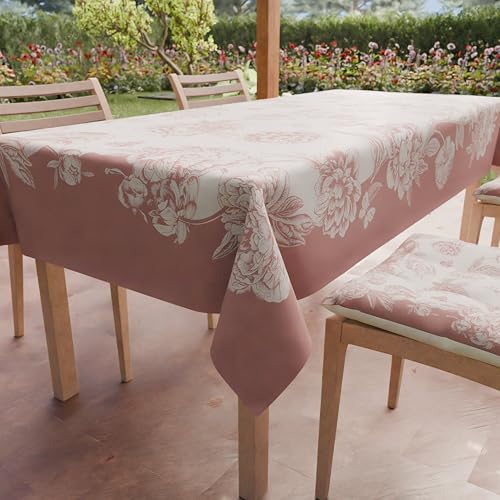 PETTI Artigiani Italiani - Stain Resistant Tablecloth Rectangular 140x360 cm 18 Seats, Wipe Clean Microfibre Kitchen Table Cover, Peonies Design Dusty Pink, 100% Made in Italy
