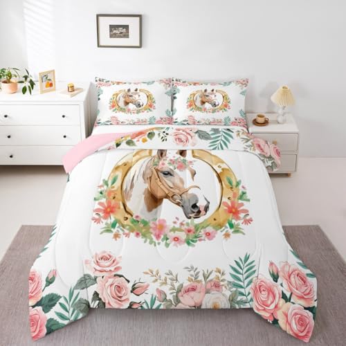 Erosebridal Western Horse Twin Bedding Sets for Girls Kids,Cute Pink Boho Floral Comforter Set,Farmhouse Horseshoe Quilt Bed Set,Rustic Country Cowgirl Room Decor with 1 Pillowcase
