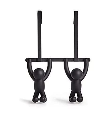 Umbra Buddy Over the Door Double Hook, Coat and Towel Hook, Black - Fits 1.5 inch thick doors, easy install, holds coats purses scarves and towels, recycled plastic