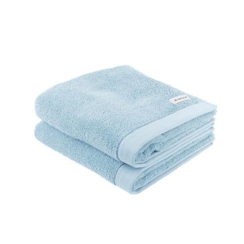 TOM TAILOR Hand Towels, Set of 2, 50 x 100 cm, 100% Cotton/Terry Towel, with Hanger and Label with Logo, Colour Bath Towel, Light Blue (Sky Blue)