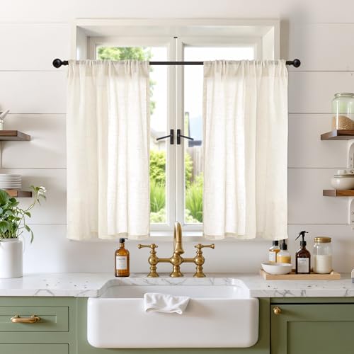 BGment Linen Kitchen Window Curtains Over Sink, 36 Inch Length Cafe Drapes - Beige Semi Sheer with Rod Pocket Light Filtering for Bathroom Small Window, 2 Panels Set, 30 X 36 Inch