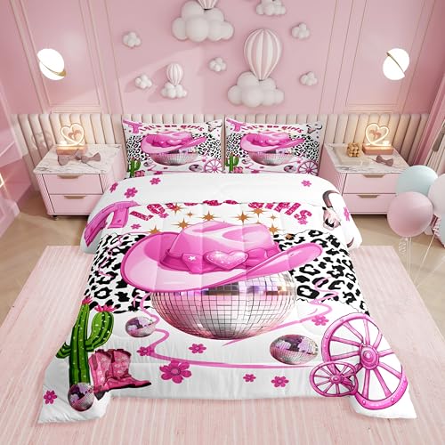 Erosebridal Pink Disco Ball Queen Bedding Set,Cowgirl Hat Boot Comforter Set for Girls Kids Women,Milk Cow Print Floral Comforter,Bull Skull Western Bedroom Room Decor,2 Pillowcases Breathable