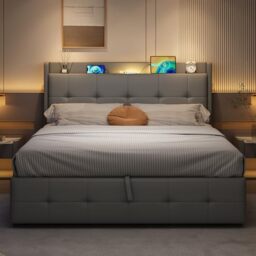Ball & Cast Ottoman Double Bed Frame with Storage, 4ft6 Upholstered Bed Frame with Concealed Headboard Storage & Hydraulic, Charging-Station and LED-Night Light, PU, 135 * 190cm, Grey, (No Mattress)