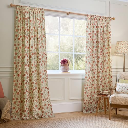 Voyage Maison Elai Pencil Pleat Curtain Pair – 100% Cotton Nature Inspired Country Floral Design (Orange - 117x137cm)