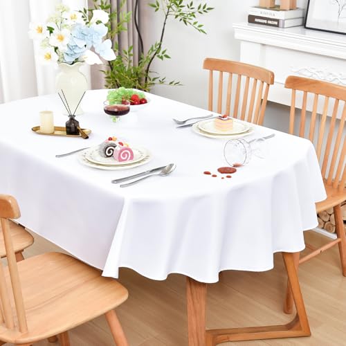 Wolkemer Oval Tablecloth 52 x 70 Inches Faux Linen Water Resistant - Farmhouse Polyester Tablecloths, Washable Wipeable Table Cover for Home, Kitchen, Dining, Wedding, Party (White)