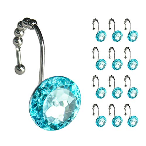 Sunlit 12 Pack Teal Metal Oil Rubbed Shower Curtain Hooks - Teal Acrylic Decorative Shower Curtain Rings with Metal Hooks