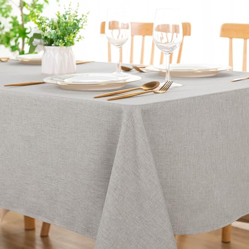DWCN Rectangle Faux Linen Tablecloth - Textured Waterproof Spill-Proof Wrinkle and Stain Resistant Table Cloth Decorative Fabric Farmhouse Table Cover for Kitchen Dining, 54 x 80 Inch, Light Grey