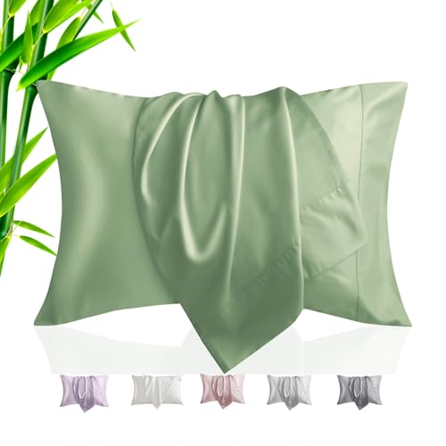 TELUS Pillow Cases Queen Size 2 Pack, Bamboo Rayon & Lyocell Pillowcase with Envelope Closure, Cooling Breathable Pillow Cover for Hot Sleeper & Night Sweats, 20x30 inch, Green