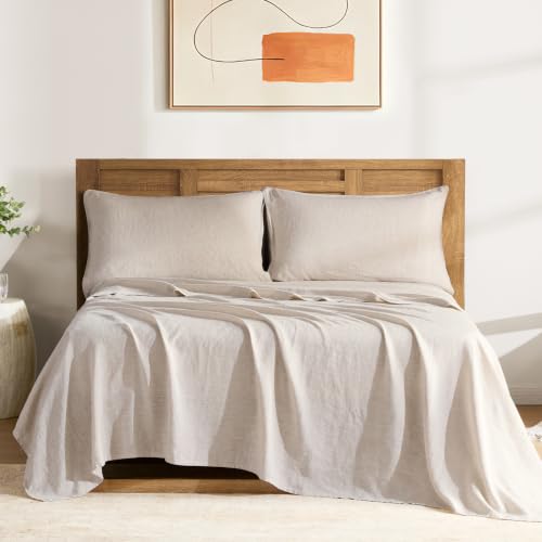 DAPU Pure Linen Sheets Set, 100% French Linen from Normandy, Breathable and Durable for Hot Sleepers, 4 Pcs Set - 1 Flat Sheet, 1 Fitted Sheet, 2 Pillowcases (Natural Linen, Queen)