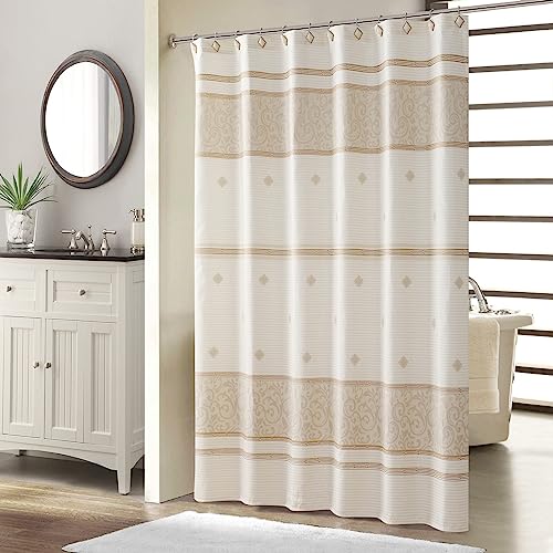 "BESTRIPES Long Stall Fabric Shower Curtain, Beige Tan Stripe Narrow Cloth Shower Curtains for Bathroom, Waterproof Bathroom Small Curtains, 54"" W x 78"" H"