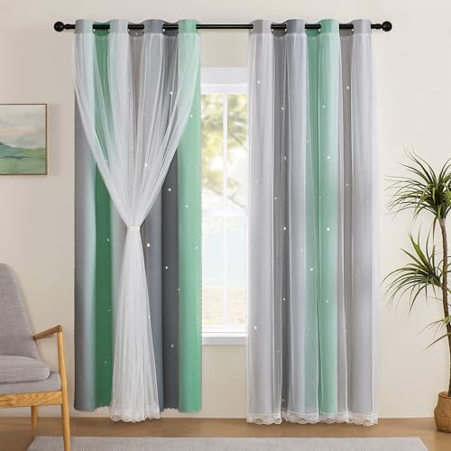 XiDi Curtains for Bedroom Decor, Rainbow Green LightgreyGrey52/90/1 - 52 x90 inch, Green and Grey layered curtain, kids and girls bedroom decor, white sheer overlay,room darkening, grommet top