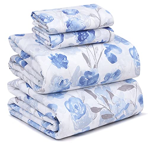 "Ruvanti 100% Cotton Full Size Bed Sheets, 4 Pieces, Soft & Breathable Percale Weave Bedding, Deep Pocket 16"", Hotel Standard, Crisp Cool Feel, Durable, Perfect Sheet Set Floral, Monotones"