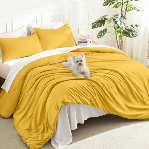 Litanika King Comforter Set, 3 Pieces Lightweight Solid Bed Set - Mustard Yellow Soft Fluffy Down Alternative All Season Quilt Blanket