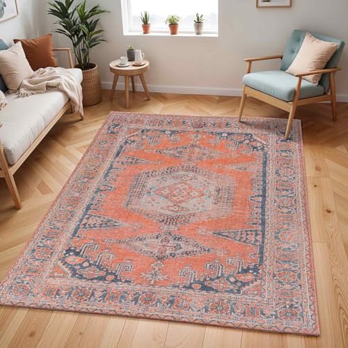 Livabliss Tessot Machine Washable - Vintage Area s Living Room, Large 200x275 cm - Traditional Boho Style, Dining Room, Kitchen, Outdoor, Hallway - Burnt Orange, Blue, Tan