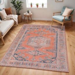 Livabliss Blaire Tessot – 200x275 cm Machine Washable Rug, Vintage Traditional Boho, Indoor Outdoor for Living Room, Dining, Kitchen & Hallway – Burnt Orange, Blue & Tan