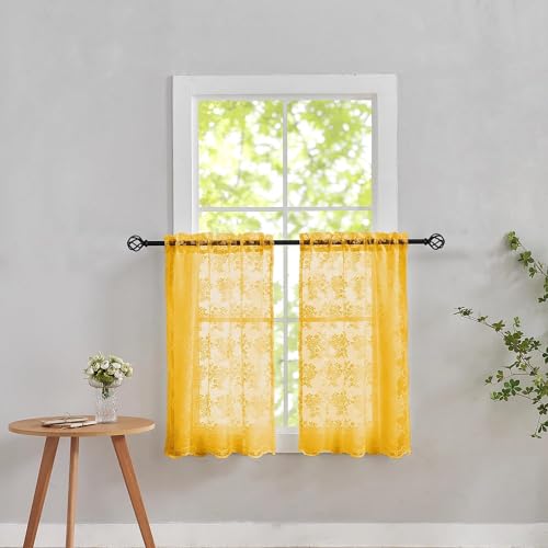 YJ YANJUN Boho Coffee Cabinet Curtain 2 Panels Lace Cafe Curtains 30 Inch Length Mustard Yellow Short Sheer Curtains for Bedroom Small Bathroom Basement Window Curtains Retro Kitchen Fall Decor Gold