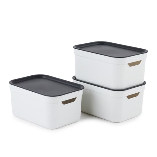 Rotho Jive Storage Boxes with Lids Set 3 x 5 L Stackable White/Anthracite - Storage baskets with lids, woven-look pattern, two handle openings, nest together when empty, recycled PP for home storage