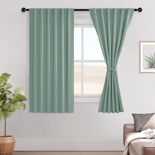 Hiasan Light Sage Blackout Curtain Tiers for Small Window, 52 x 63 Inches Long - Rod Pocket and Back Tab Thermal Insulated & Energy Saving Window Curtains for Bedroom, 2 Panels Sewn with Tiebacks