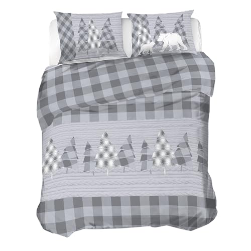 PENSIERI DELICATI 100% Cotton Flannel Double Duvet Cover Set, 250 x 200 cm Bag and Pillowcase 52 x 82 cm, Made in Italy, Machine Washable at 40 Degrees, Canada Grey Pattern