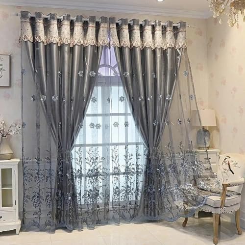 Amidoudou 1 Pair European Double Layer Curtains for Living Room Bedroom Luxury Flower Embroidered Curtains with Valance (Grey, 54 x 84 inches)