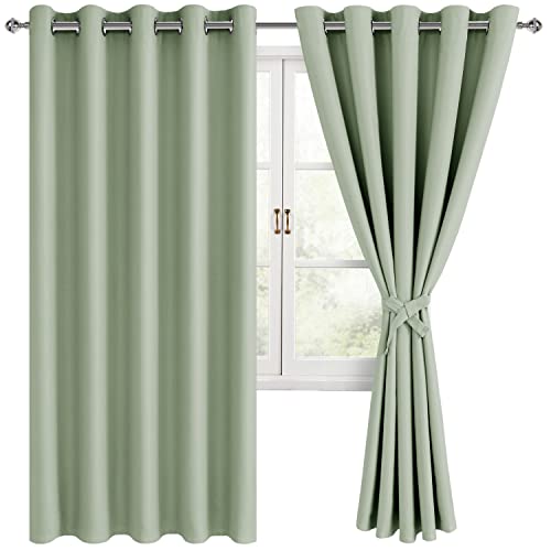 Hiasan Grommet Blackout Curtains for Bedroom, 70 x 63 Inches - Thermal Insulated & Light Blocking Window Drapes for Living Room/Dorm Room, Set of 2 Panels Sewn with Tiebacks, Seafoam Green