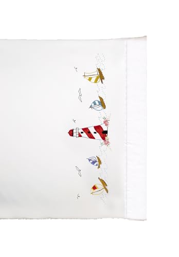 "Design Works Tobin Stamped For Embroidery Pillowcase Pair 20""X30""-Lighthouse"
