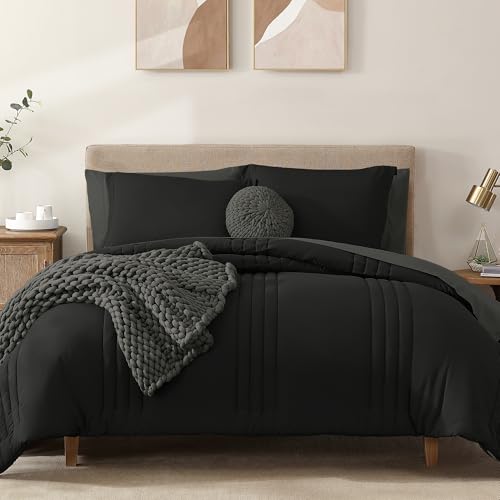 Queen Comforter Set-7 Pieces Black Soft Bed in a Bag Queen Bedding Sets - Monbix All-Season Vertical Quilted Comforter with Sheets, Pillow Shams & Pillowcases