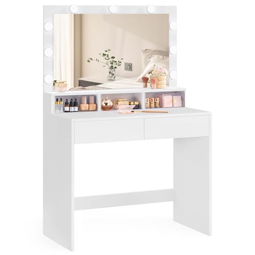 VASAGLE Dressing Table Vanity Table with 9 LED Bulbs and Mirror Adjustable Brightness 2 Drawers and 3 Open Compartments Drawers Modern White RDT120T10