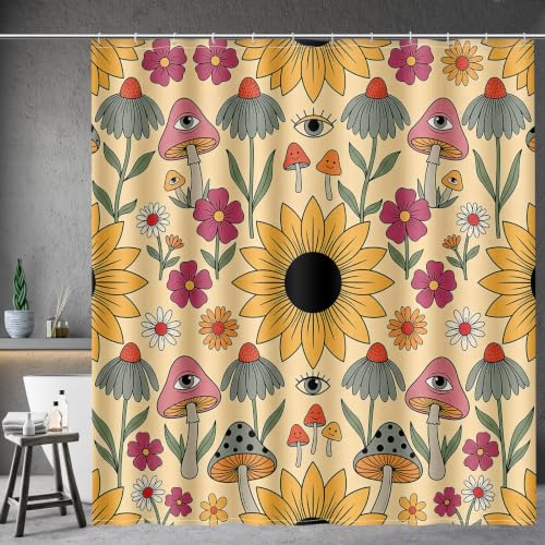 "Aimego Boho Mushroom Shower Curtain - 60s 70s Retro Bohemian Flowers Eyes Floral Fabric Cloth Bath Shower Curtain Set with 12 Hooks for Bathroom Decor Accessories, 72""x72"""