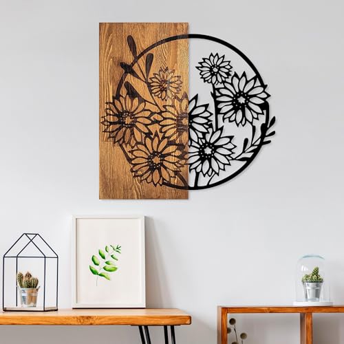 Elegant Decorative Wooden Wall Accessory, 57 x 57 cm, 100% Real Wood (3 cm) & Metal (1.5 mm), Unique Walnut & Black Finish, Perfect for Home Decor