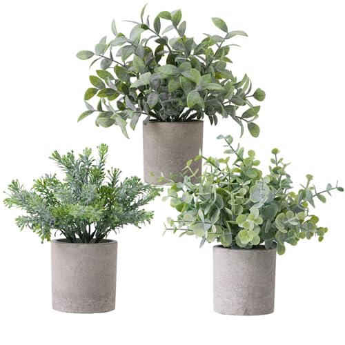 HOZON 3 Pack Mini Potted Faux Plants Artificial Plastic Eucalyptus Topiaries Lifelike Fake Plants for Home Office Coffee Room Desk Decor