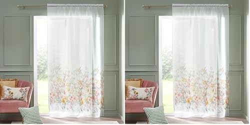 Catherine Lansfield Countryside Floral 140 x 137 cm Slot Top Voile Curtain Panel White (Pack of 2)