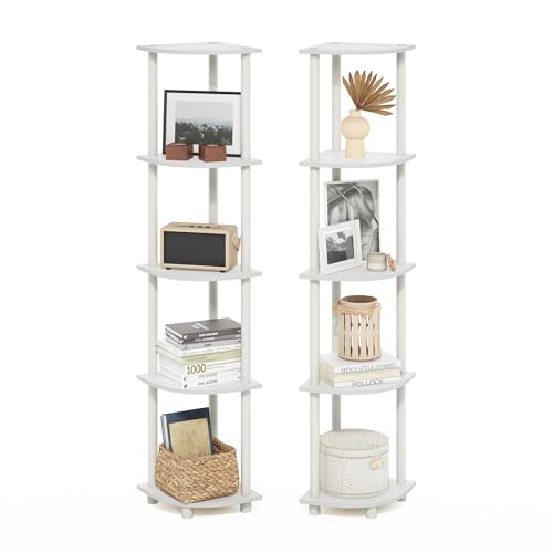 Furinno TURN-N-TUBE Corner Shelf Set of 2, 5-Tier Corner Bookshelf, Open Storage Shelves, for Organization and Storage, Living Room, Home Office, Garage, White