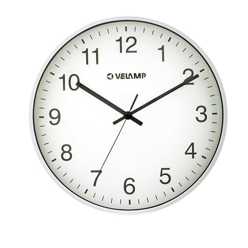 Velamp 30cm round quartz wall clock, non-ticking wall clock, modern and silent 12-inch wall clock. Easy-to-read numbers. Suitable for offices, living rooms, kitchens, schools, gyms...