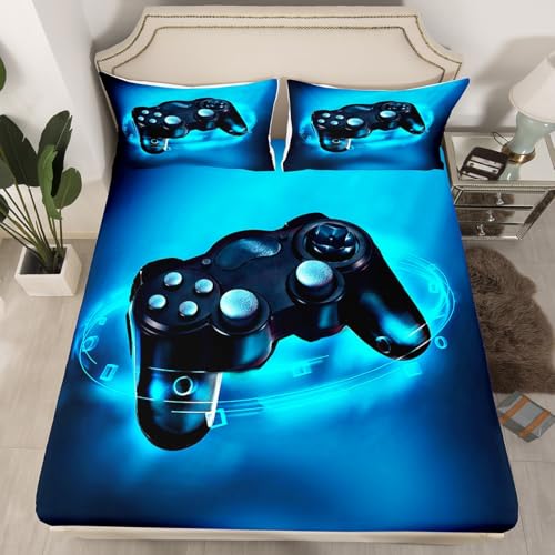 Gaming Bedding Set Kids Bed Sheet Set Queen Size Soft Microfiber Gamer Console Video Game Fitted Sheet Boys Teens Game Room Decor Bed Cover with 2 Pillow Case (Flat Sheet not Included), Blue