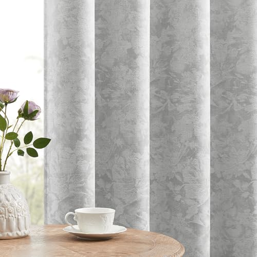 Beauoop Grey Floral Jacquard Blackout Curtains for Bedroom 52x63 2 Panels - Flower Chenille Room Darkening Drapes for Living Room 63 Inch Long Thermal Insulated Soundproof Window treatment Rod Pocket