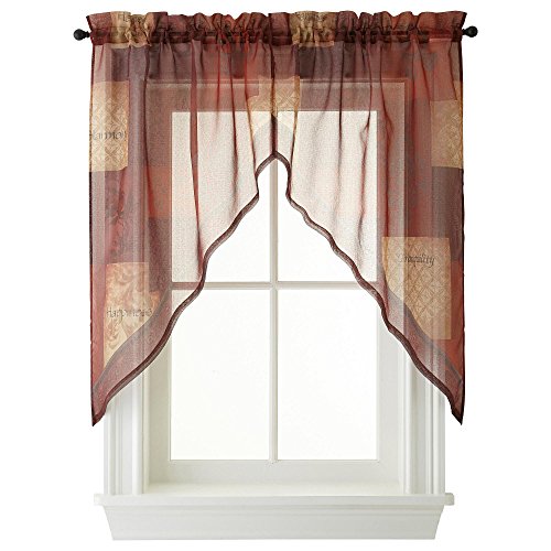 "No. 918 Eden Inspirational Patchwork Semi-Sheer Rod Pocket Kitchen Curtain Swag Pair, 56"" x 36"", Multi"