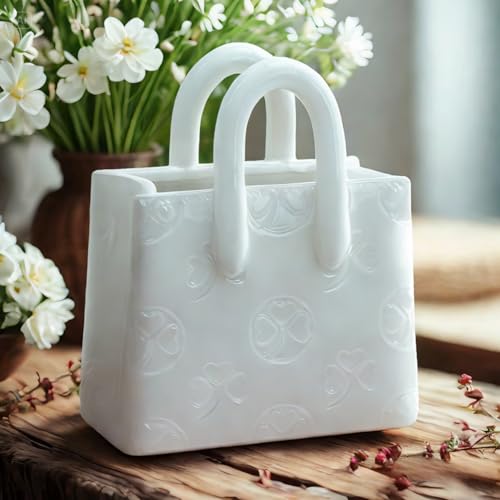 "Handbag Shaped Ceramic Vase – White Small Decorative Vase with Clover Pattern, 5.9"" L x 2.95"" W x 7.08"" H, Multi-Use for Flowers, Makeup Brushes & Pens, Elegant Gift for Women, Home & Wedding Decor"