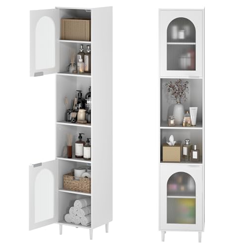 RELAX4LIFE Bathroom Tall Cabinet, Freestanding Slim Bathroom Storage Cupboard with 2 Tempered Glass Doors and Adjustable Shelves, 180cm High Narrow Wooden Storage Organizer Unit