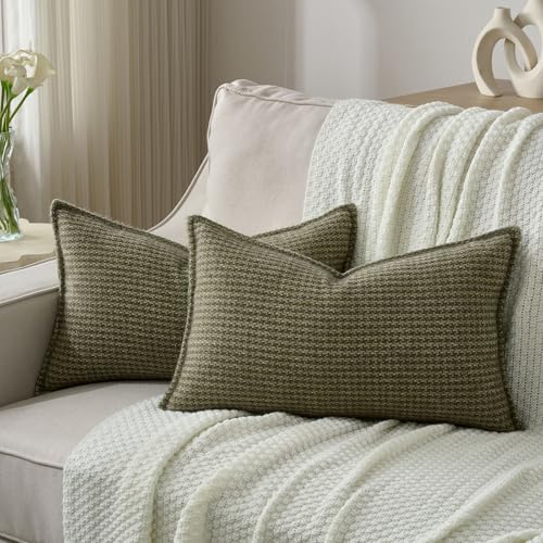 FUTEI Pack of 2 Chenille Throw Pillow Covers 12x20 Inch, Olive Green - Premium Houndstooth Chenille Front/Smooth Velvet Back,Hidden Zipper,Machine Washable,Pilling-Resistant,Colorfast,No Insert.