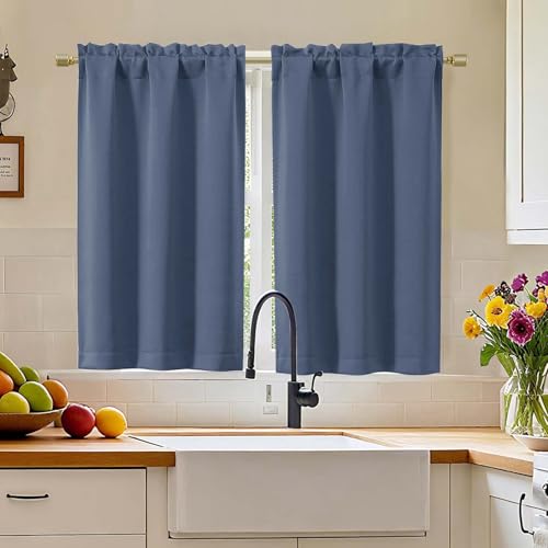 "Simplebrand Denim Blackout Curtains 45 inch Length 2 Panels, Thermal Insulating Energy Saving Tiers Drapes with Rod Pocket, Small Window Drapes Black Out Bathroom Laundry Room RV, Each 30"" Wx45 L"