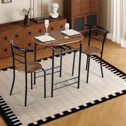 FurnitureR 3-Piece Kitchen Dining Round Table & Chair Set, Space Saving Breakfast Nook Wood Grain Tabletop with Metal Frame and Built-in Wine Rack, Dining Room (Brown/Black)