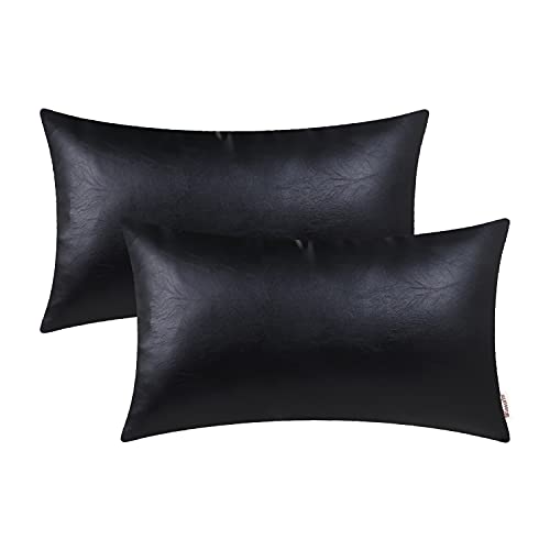 BRAWARM Decorative Throw Pillow Covers, Faux Leather Throw Pillow Cushion Covers, Solid Faux Leather Couch Cases for Living Room Garden Bed, Black, 30cm x 50cm, Pack of 2