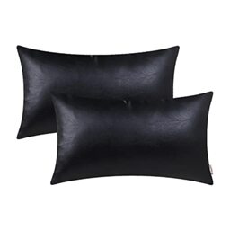 BRAWARM Decorative Throw Pillow Covers, Faux Leather Throw Pillow Cushion Covers, Solid Faux Leather Couch Cases for Living Room Garden Bed, Black, 30cm x 50cm, Pack of 2