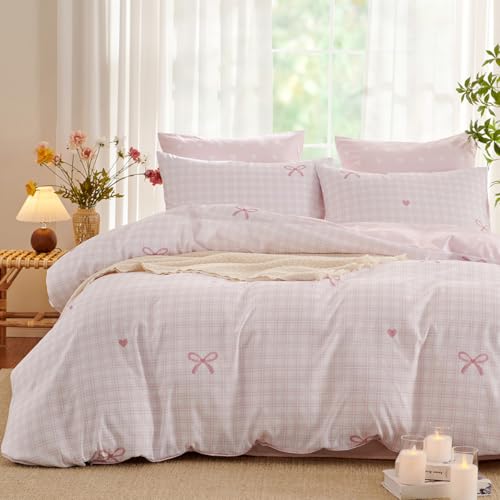 Bildenly Pink Twin Comforter Set - Pink Bow Quilt Bedding Set 2 Pieces, Heart Comforter Set Twin Size, Soft & Lightweight Comforter(68?????? x 90??????) for Girl All Season & 1 Pillowcase(30??????x20??????)