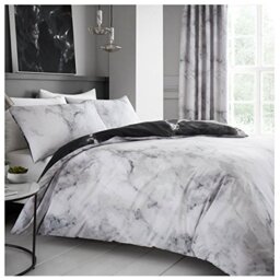 Comfy MARBLE Bed Set with Duvet Cover and Pillow Cases, Polyester-Cotton, White, Double
