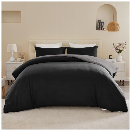 GC GAVENO CAVAILIA Single Duvet Cover Sets - Super Soft Reversible Plain Bedding & Linen Set with Pillowcase - Breathable Lightweight Polyester Quilt Cover (135 x 200 Cm) - Black/Charcoal