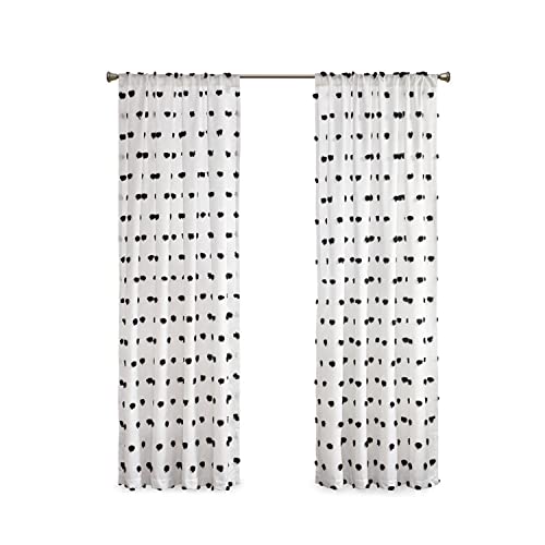 "Intelligent Design Sophie Sheer Window Curtain Panel Clipped Pompom Embelished Privacy Drape with Rod Pocket for Bedroom, Livingroom, 50"" x 63"", Black"