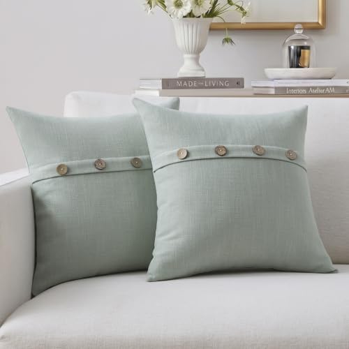 Meekio Set of 2 Sage Green Square Pillow Covers 18 x 18 Farmhouse Pillow Covers with Coconut Buttons for Sofa Couch Living Room Bedroom